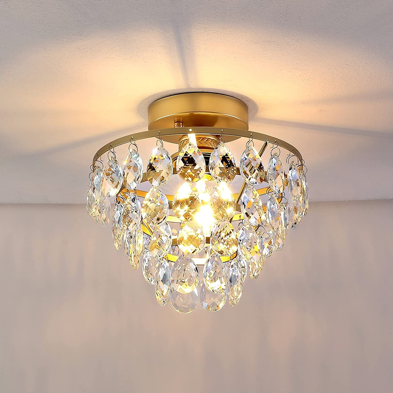 WINGBO Small Crystal Ceiling Light Fixture Mini Black Semi Flush Mount