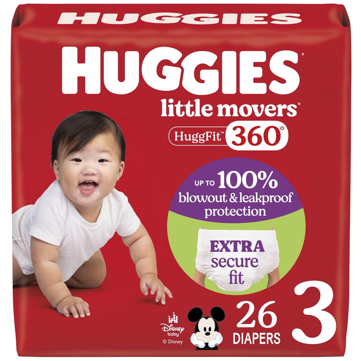 Huggies Little Movers HuggFit 360° Baby Diapers with 360° Waistband, Size 3 (16-28 lbs), 26 Count