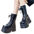 thumbnail image 4 of BLTIBY Womens Ankle Boots Gothic Lace Up Leather Chunky-hooled Boot Side Zipper Mid Calf Riding Booties Black 37, 4 of 9