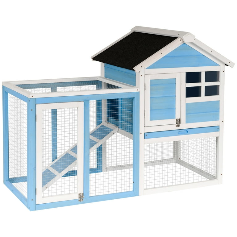 PawHut 48 Wooden Rabbit Hutch Bunny Cage with Waterproof Asphalt Roof Light Blue