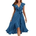 thumbnail image 2 of IDALL Robes d'Été, Robes Petites Femmes Col en V Manches Courtes à Volants Longue Robe Élégante, Robe Ajustée et Évasée, Robes Femmes Bleu 2 Robes S, 2 of 5