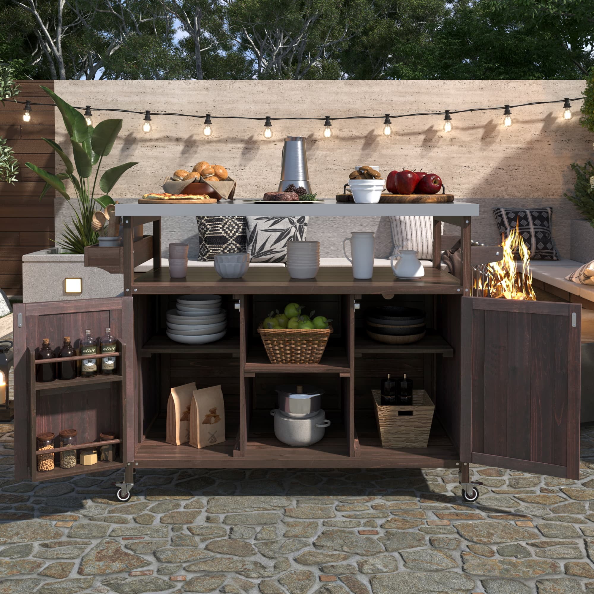 MAYEERTY Outdoor Kitchen Island - Solid Wood Grill Table, Stainless Steel Top, Dark Brown