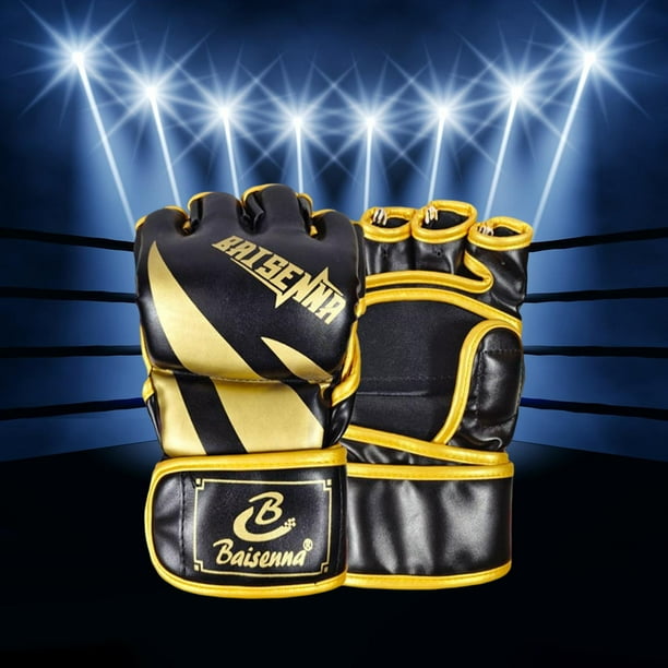 Guantes de mma Medio Hombres Mujeres Sparring Grappling Open Palm Cuero de PU Taekwondo Protector de manos Guantes de kickboxing Guantes de boxeo Aureato negro DYNWAVEMX Guantes de boxeo