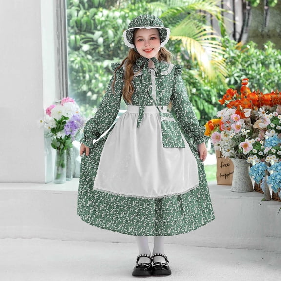 SONGGE Floral Girls Outfit Sets Countryside Dress With Apron Toddler Kids Historical Cartoon Breathable Clothing Sets