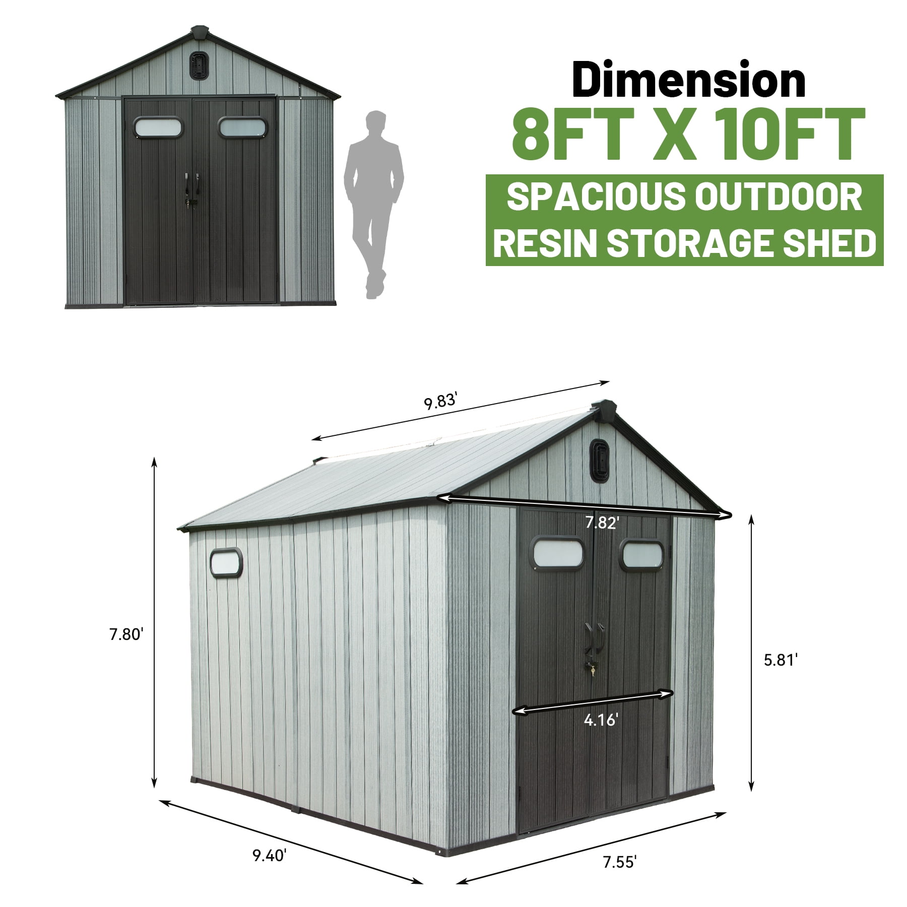 Heavy-Duty 8x10 Outdoor Storage Shed - Waterproof Resin Garden Shed with Lockable Door, Windows & Ventilation - Fits Riding Lawn Mower, Patio Furniture, Bikes, Yard Tools (Wood Grain Design)