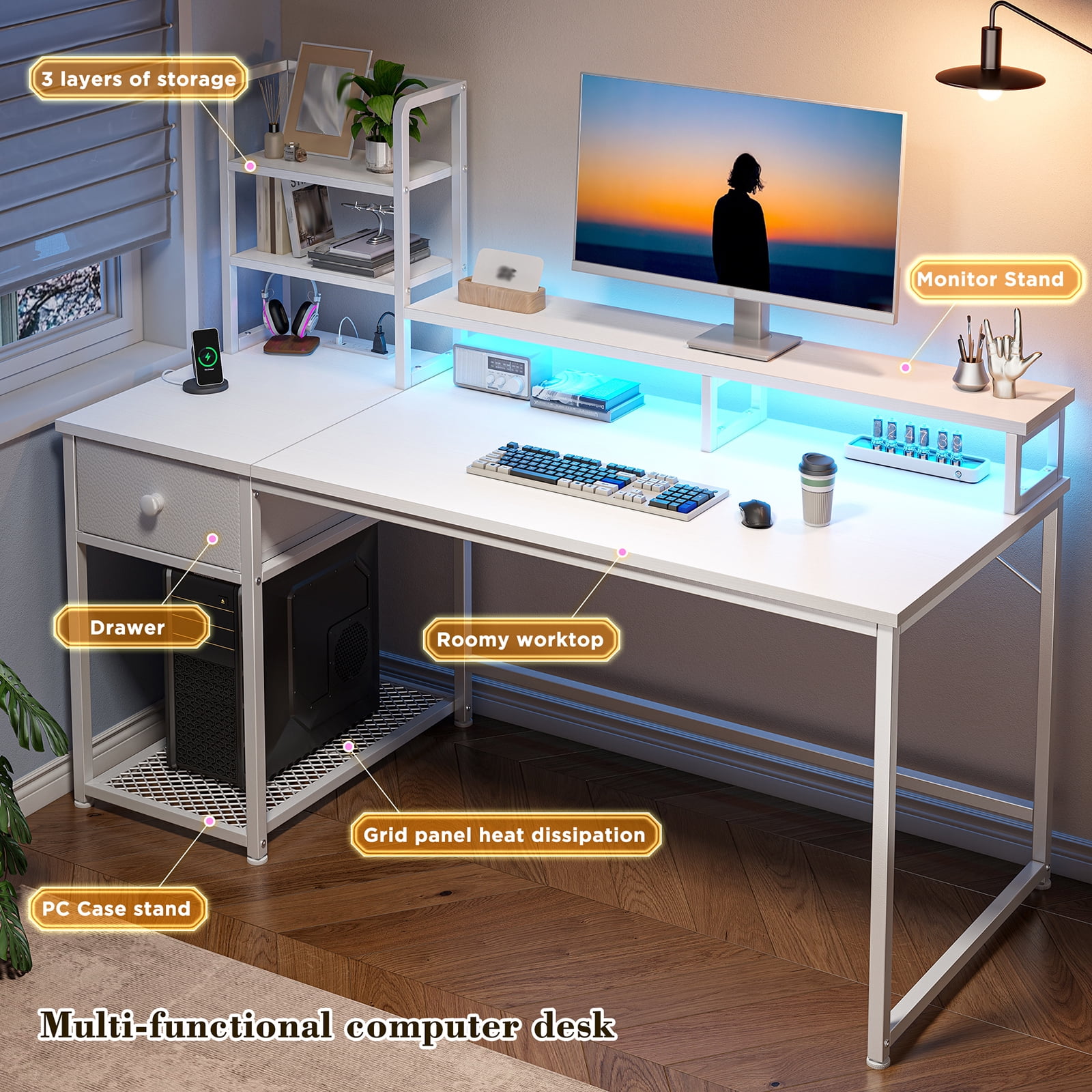 Romorgniz 44"W Computer Desk with Hutch, Gaming Desk with LED Lights & Power Outlets, Small Desk with Drawer and Monitor Stand, Studying Desk for Home Office, White