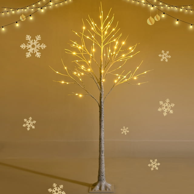 Gymax 5 FT Pre-lit White Birch Tree Artificial Twig Birch Tree Christmas Decor