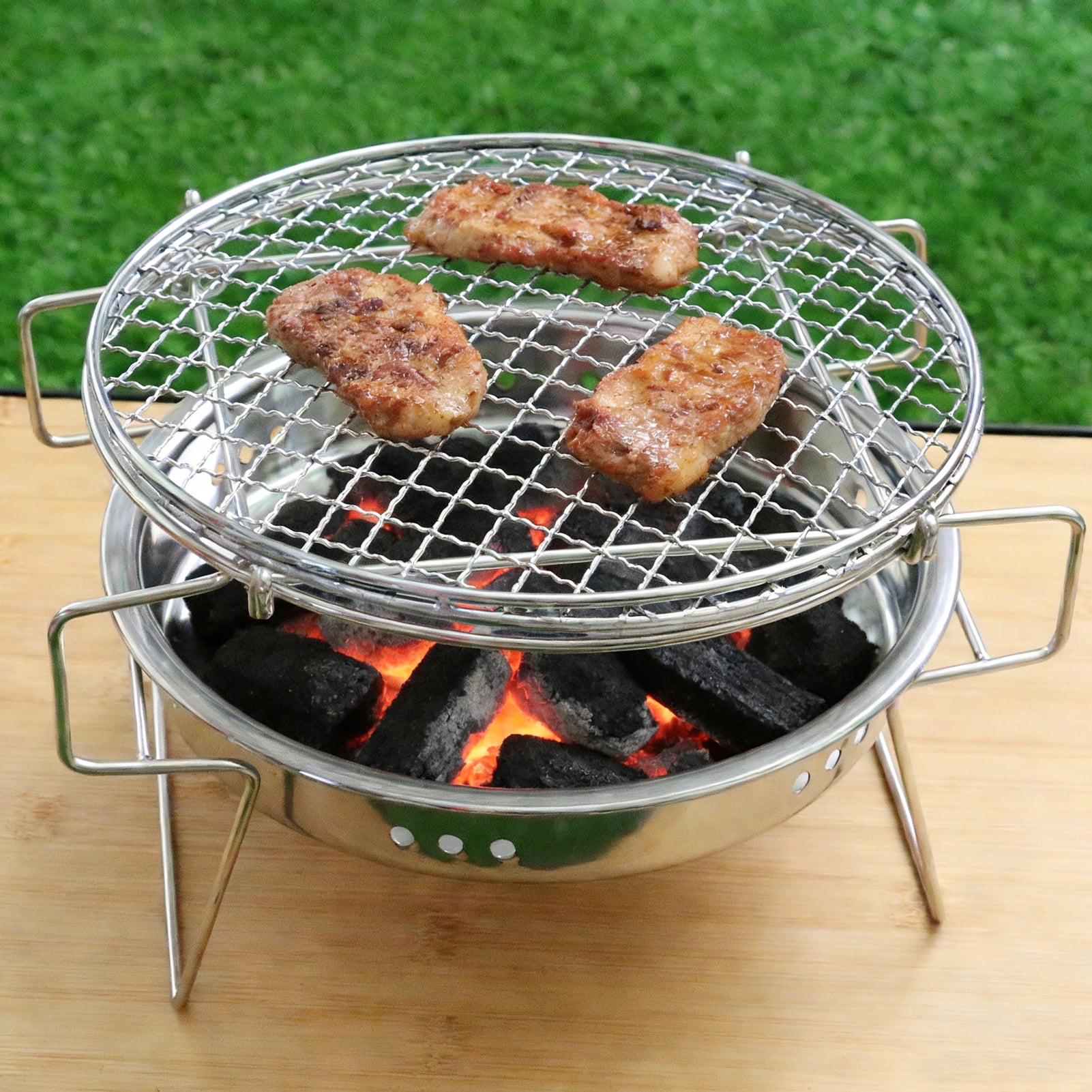 Camping Gear Portable Round Charcoal Grill, Stainless Steel BBQ Grill for Camping, Picnic, Outdoors Cooking with Folding Design, Spacious Grill Surface, Detachable Components