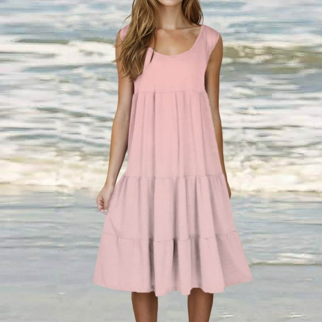 Gspmoly Robes Grande Taille pour Femmes aux Formes, Mode Femme Vacances Été Couleur Unie Sans Manches Robe de Fête Plage Robes de Vacances pour Femmes jusqu'à 70 % de Rabais