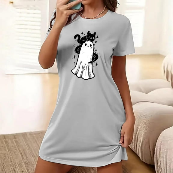 Censtreet Halloween Sleep Shirts for Women Short Sleeve Night Shirts for Sleeping Pullover Nightgown Soft Nightdress