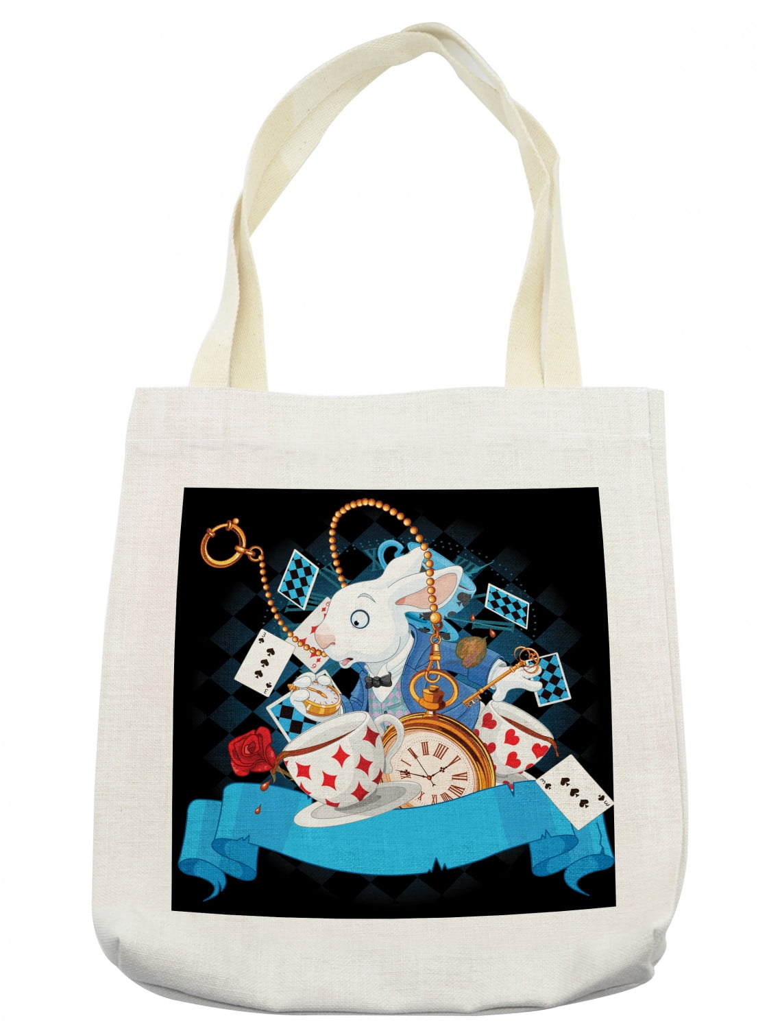 Alice in Wonderland Tote Bag, Rabbit Motion Cups Hearts and Flower