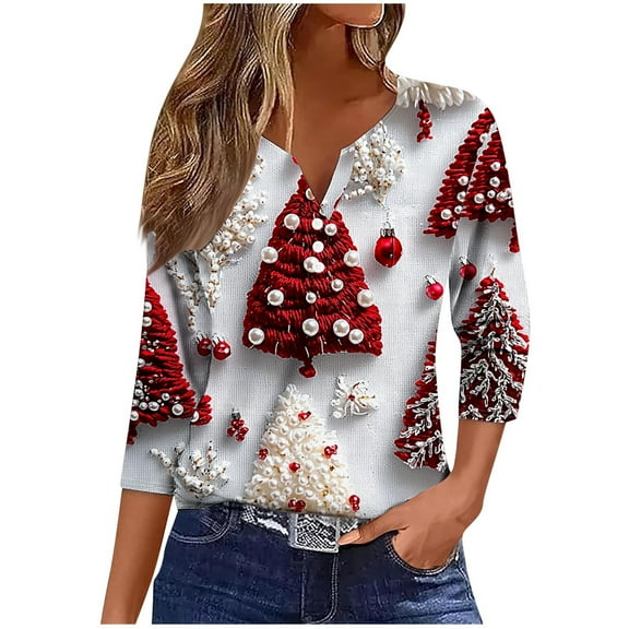 Jsaierl Merry Christmas Shirts for Women Funny Christmas Graphic Tees Work V Neck T-shirt 3/4 Sleeve Holiday Blouse Tops Christmas Gifts