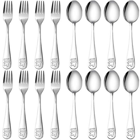 16 Pieces Toddler Utensils Kids Silverware Set, Stainless Steel Childrens Forks and Spoons, Metal Kids Safe Flatware Set, Dishwasher Safe