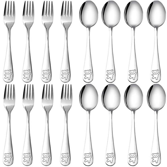 16 Pieces Toddler Utensils Kids Silverware Set, Stainless Steel Childrens Forks and Spoons, Metal Kids Safe Flatware Set, Dishwasher Safe