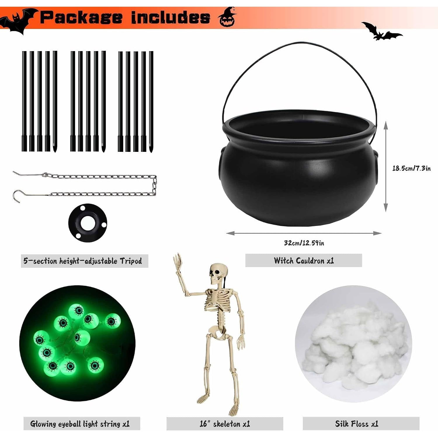 Halloween Witch Cauldron with Tripod, Lighted Eyeballs, Skeleton and Filling Cotton, Outdoor and Indoor Yard, Porch and Party Decoration
