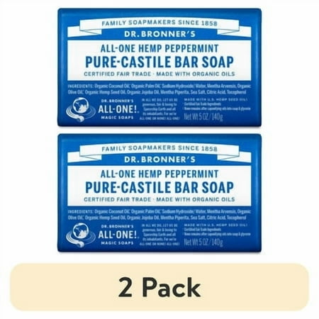 (2 pack) Dr. Bronner's Magic Soap Pure-Castile Bar, Organic Coconut Oil, Peppermint, 5 oz
