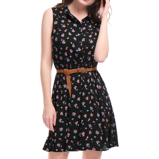 Vestido Sin Mangas Allegra K Día de San Patricio Con Cinturón Estampado Negro Floral XL