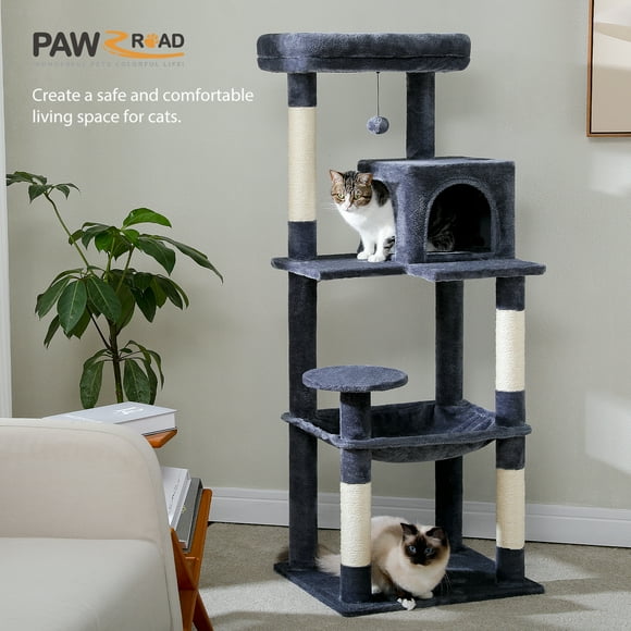 PAWZ Road 56.3"/143cm Multi-Level Cat Tree for Large Cats Cat Tower for Indoor Cats with 2 Door Condo House, Grey