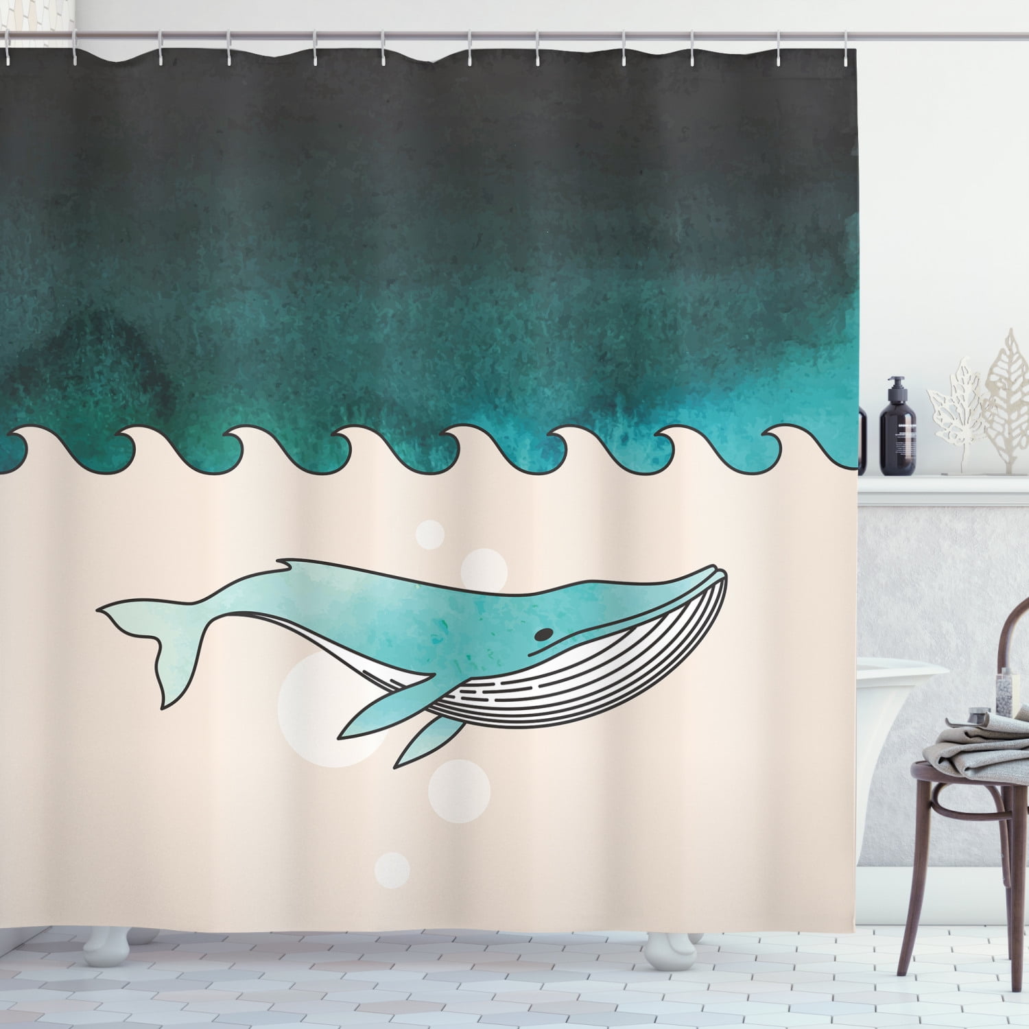 Whale Shower Curtain Fish Swimming In, Shower Curtain Fish Ocean Blue