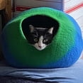 thumbnail image 6 of Woolygon - Wool Cat Cave Bed Handcrafted from 100% Merino Wool, Eco-Friendly Felt Cat Cave for Indoor Cats and Kittens (Emerald Indigo), 6 of 9