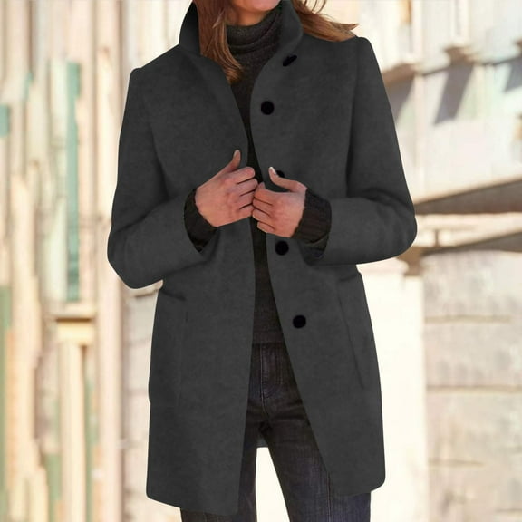 Qetyuw Womens Winter Long Pea Coat Pius Size Wool Blend Single Breasted Trench Coats Casual Stand Collar Long Sleeve Jackets