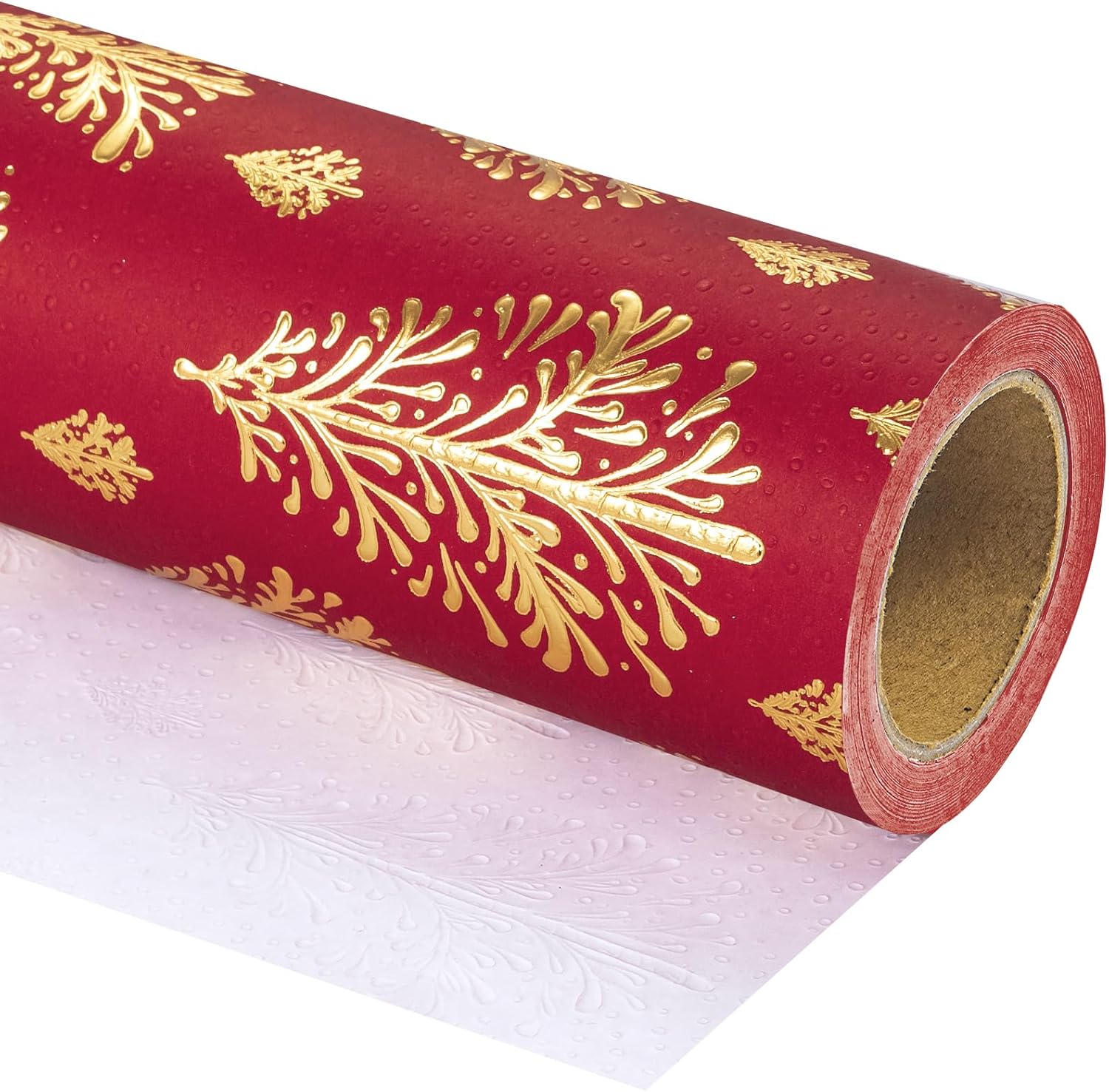 3D Kraft Christmas Wrapping Paper Roll - Mini Roll - 17 Inch x 16.5 Feet - Gold and Red Christmas Tree Wrapping Paper with Embossed Perfect for Holiday, Party Celebration