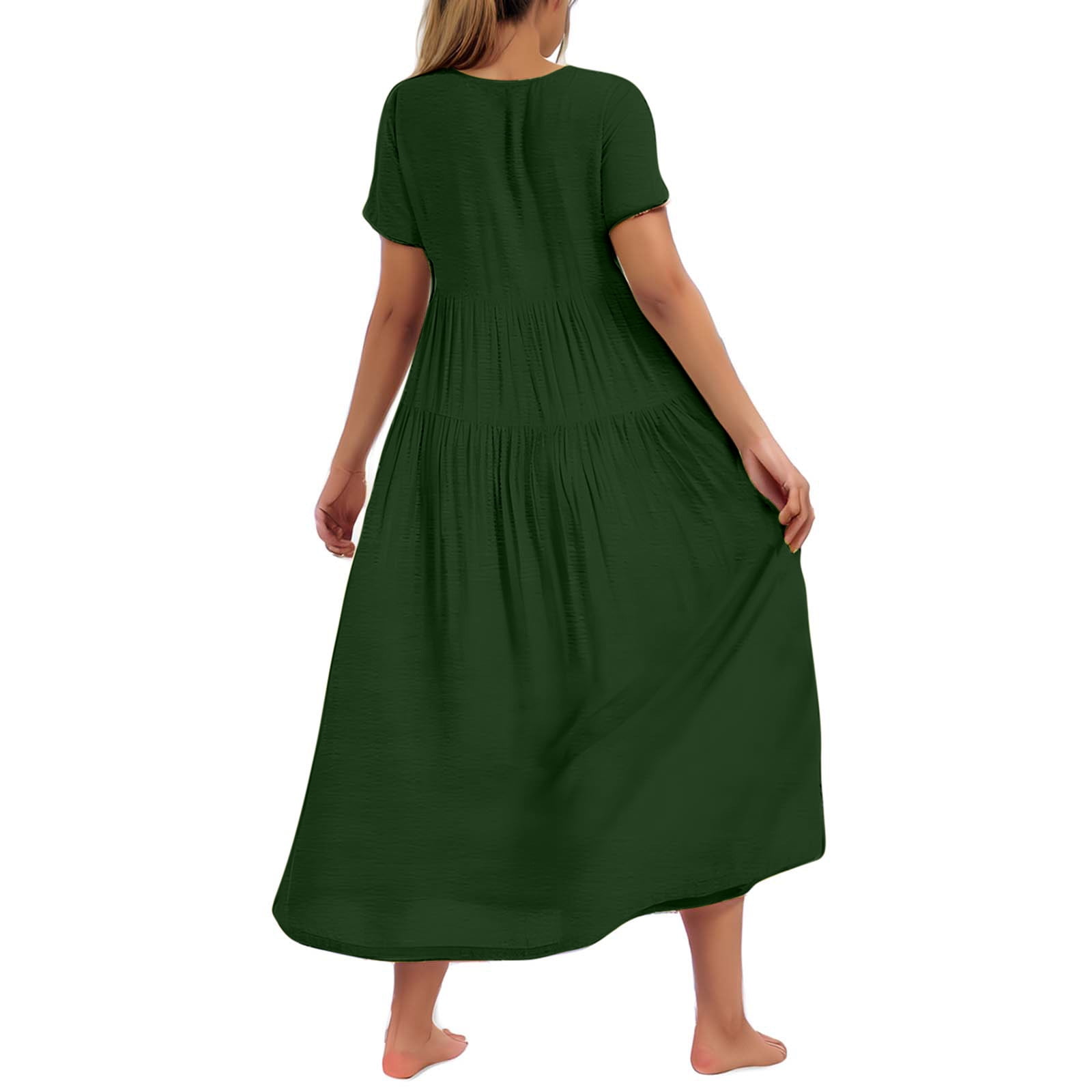 Hueook Casual Dresses for Women Women's Flower Solid Color Casual Short Sleeve Crewneck Dress Casual Flowy Tiered Maxi Beach Dress Green XL