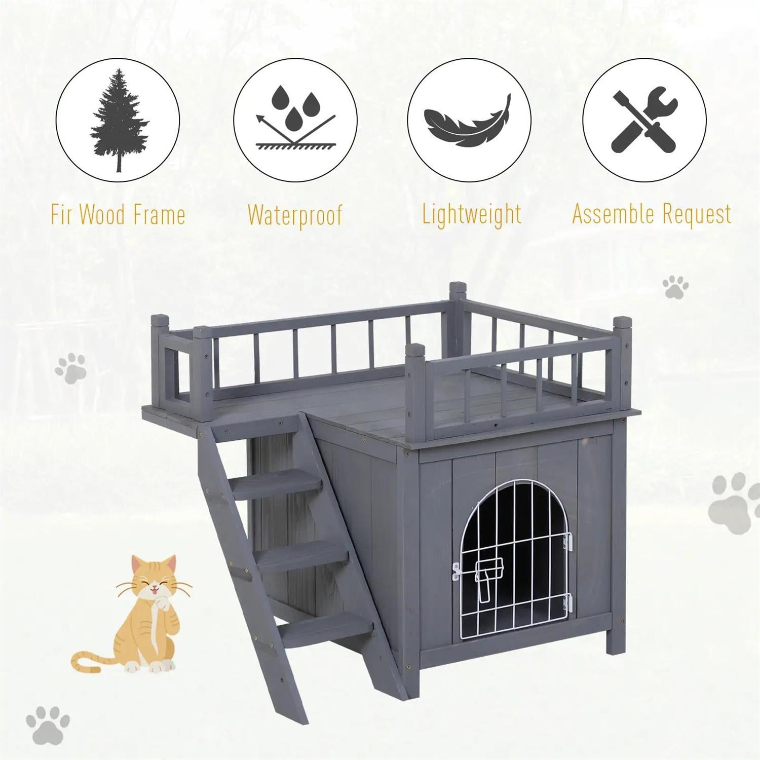 Pefilos Outdoor Weatherproof Cat House with Lockable Wire Door and Balcony, 2-Level Outside Shelter for Cats and Small Animals, Gray
