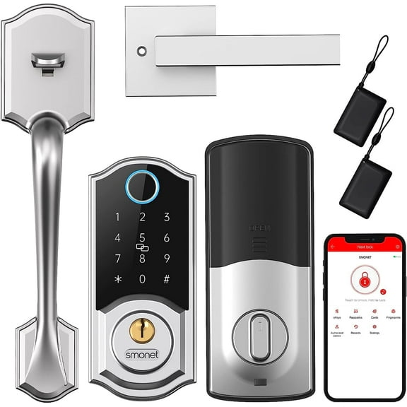 SMONET Smart Front Door Lock Set Keyless Entry Door Lock with Handle, Smart Front Door Handle Set, Fingerprint Smart Deadbolt Bluetooth Electronic Digital Keypad Lock, Auto Lock, Alexa Lock Silver