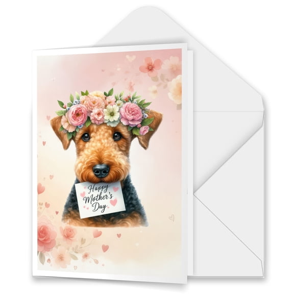 Happy Mother's Day Airedale Terrier with Flower Crown and Greeting Card 5x7in Folded Greeting Card Dale Waterside Dog Lover Single Note Card with Envelope - 13004