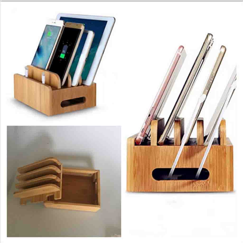 Cord Organizer, 4 Slots Bamboo Stand Multidevice Desktop Cords