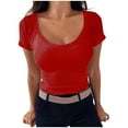 thumbnail image 2 of Womens Basic Short Sleeve Slim Fit T Shirts Women's Casual Solid Color Short-Sleeved U-Neck Top,Red,3XL, 2 of 7