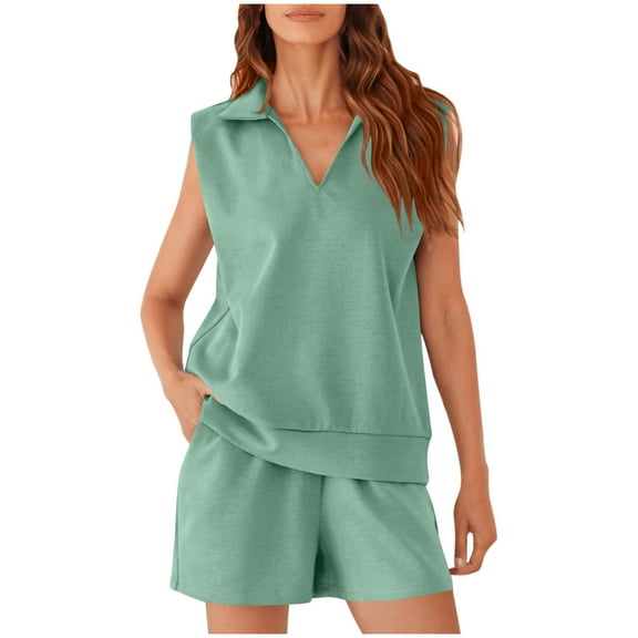 Ohufall Two-Piece Lounge Sets for Women Summer V Neck Sleeveless Top and Shorts Outfits Casual Solid Loungewear with Pockets