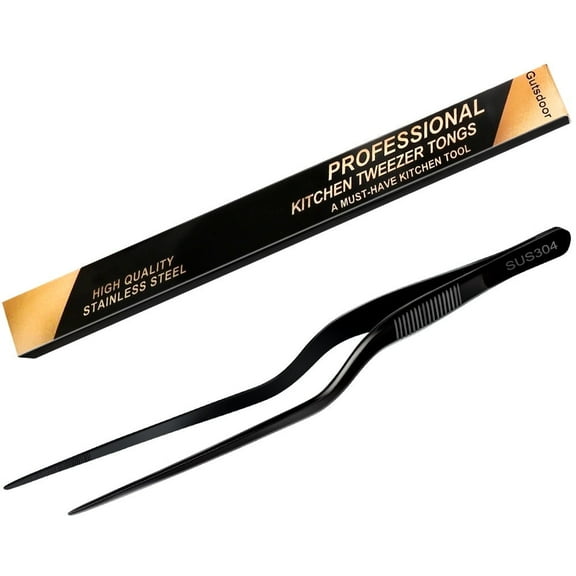 Gutsdoor 8 Inch Kitchen Tweezer Fine Tongs Plating Stainless Steel Precision Culinary Tweezers Black Kitchen Offset Tweezers Tongs