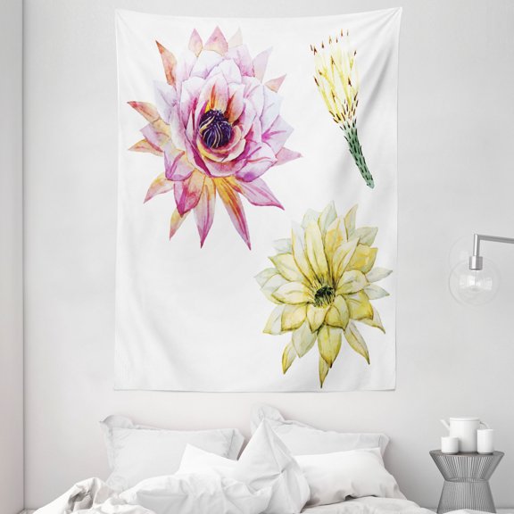 Cactus Decor Tapestry, Vector Image with Watercolored Cactus Flowers Colored Desert Nature Print, Wall Hanging for Bedroom Living Room Dorm Decor, 60W X 80L Inches, Pink and White, by Ambesonne