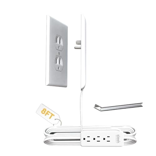 Sleek Socket Flat Plug Extension Cord with Multiple Outlets, 8 ft, 3 Outlets, White, Ultra-Thin