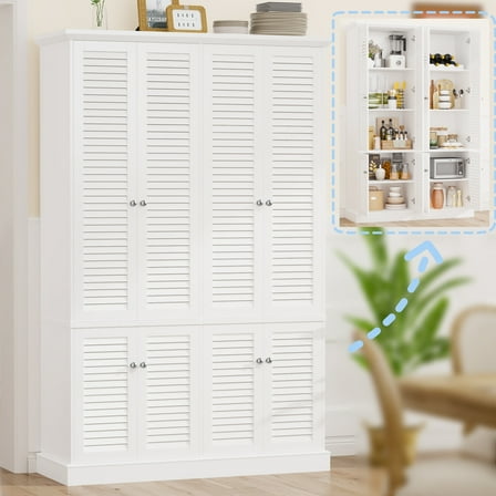 Homfa 70.9'' Tall Kitchen Pantry with 8 Louver Doors & Adjustable Shelves, Modern Freestanding Storage Cabinet for Dining Room Living Room, White