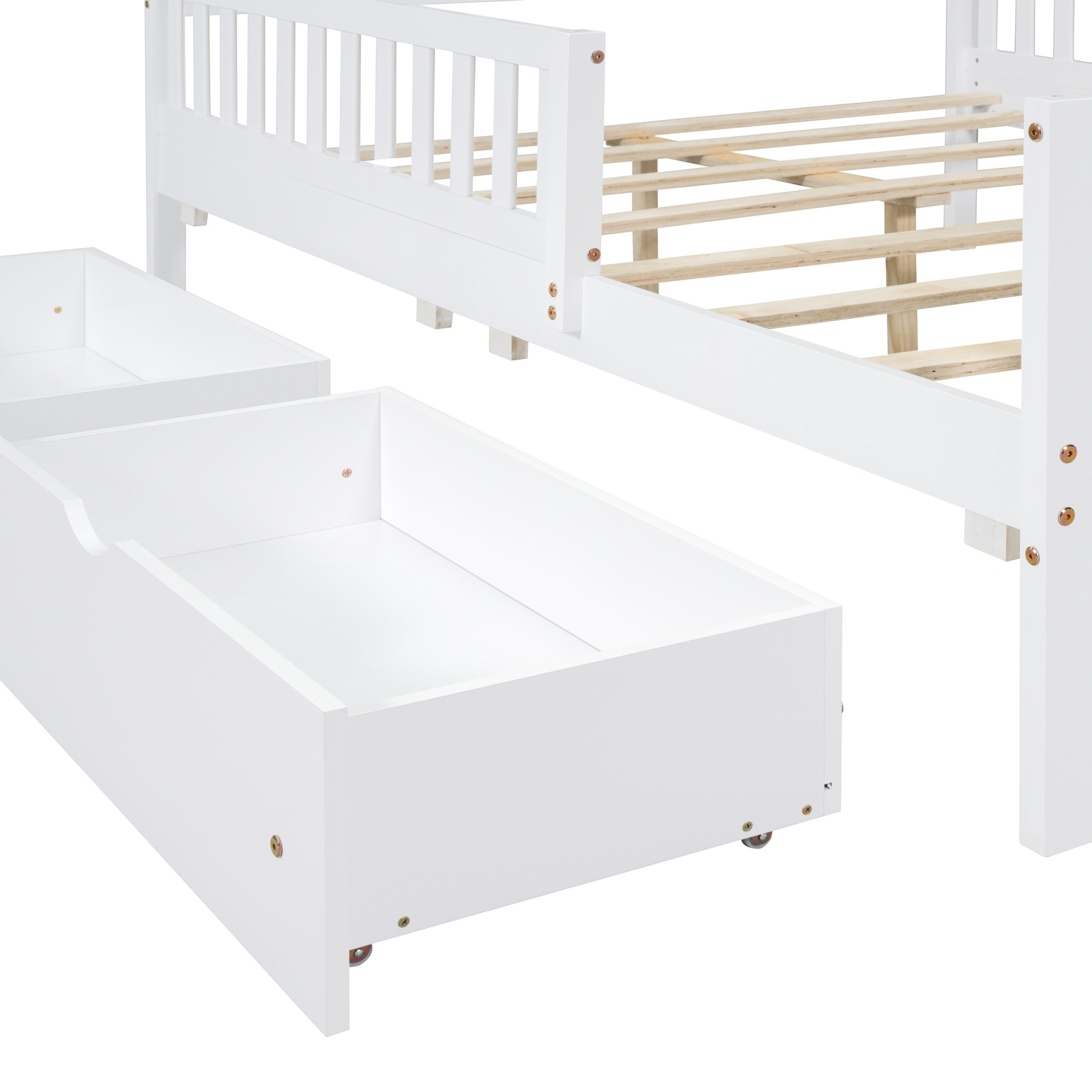 Noble House Full Size Wood Platform Bed with Guardrails on Both Sides and Two Storage Drawers ,White