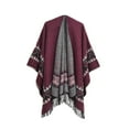 thumbnail image 2 of Tao Tao Unisex Tassel Open Front Poncho Cape Reversible Winter Warm Shawl Wrap Printed Poncho Cardigan For Women Men Burgundy Free Size, 2 of 3