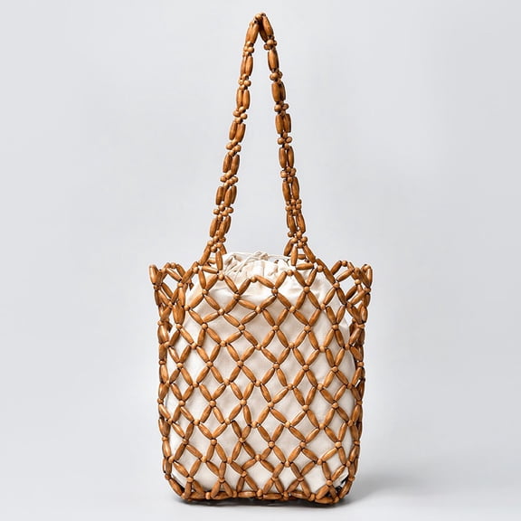Women Woven Hand Bag Exquisite Hollow-out Wooden Bead Tote Shoulder Bag Female Summer Beach Handbag