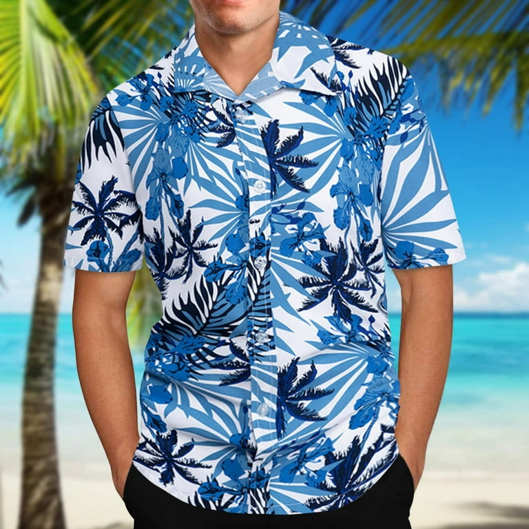 ZCFZJW Mens 100% Cotton Hawaiian Shirts Big and Tall Button Down Short  Sleeve Beach Shirts Summer Casual Tropical Print Aloha Holiday Shirts  Z06-Blue