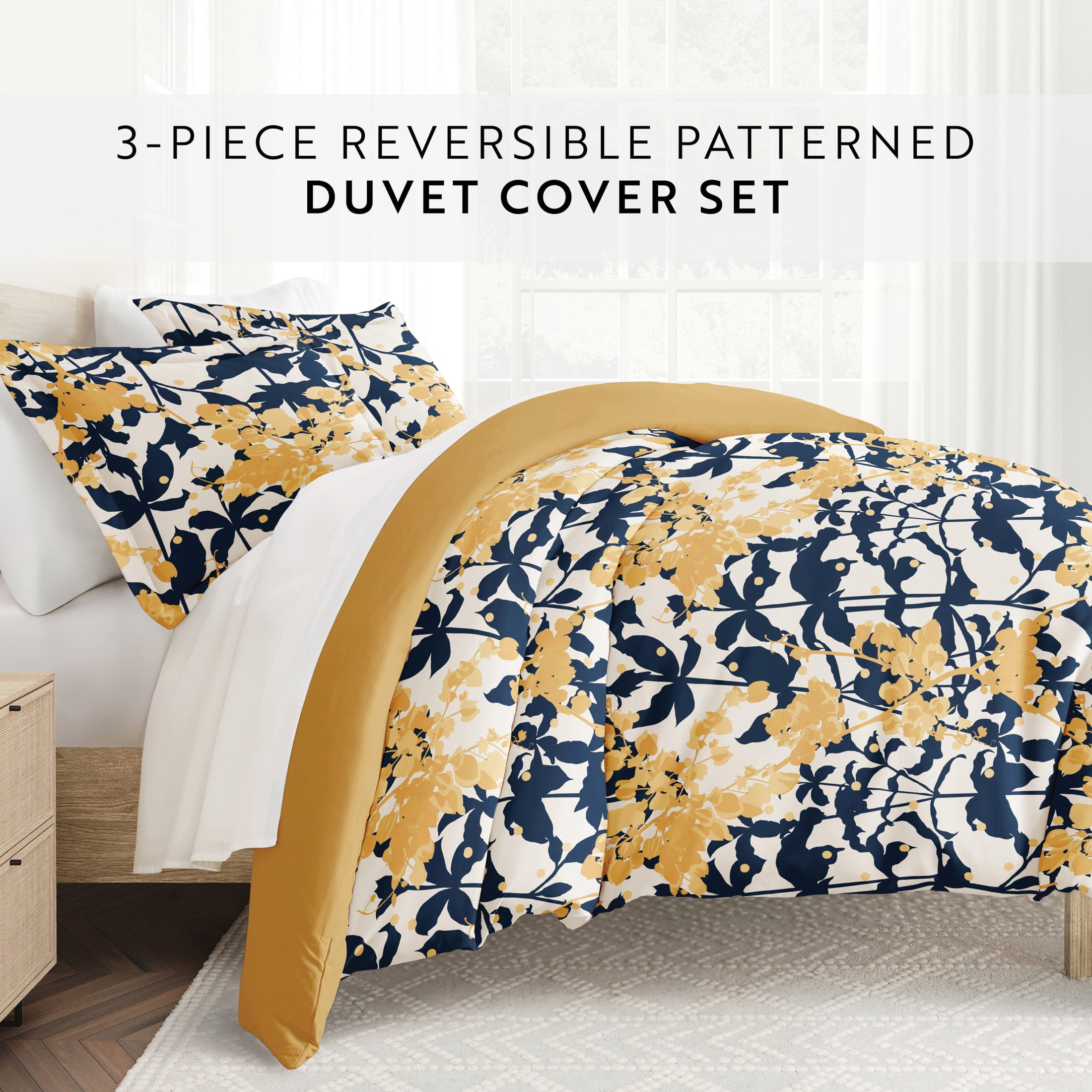 Noble Linens Yellow Boho Flower Reversible 2-Piece Duvet Cover Set, Twin/Twin XL