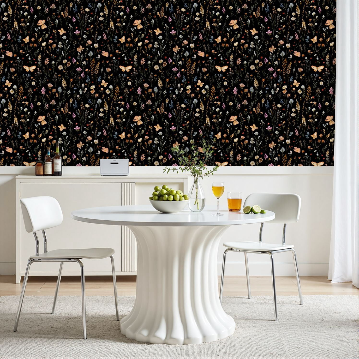 Peel and Stick Wallpaper Floral Wildflower Butterflies Black Vintage Botanical 24in x 118in Contact Paper Removable Self Adhesive Wall Mural Wall Decor for Bedroom Kitchen Cabinets
