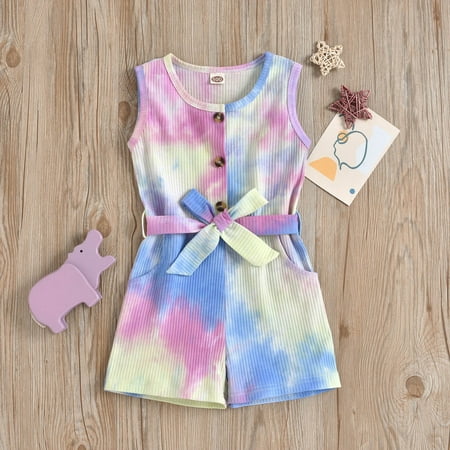 

Summer Baby Kids Girls Sleeveless Tie-dyed Print Romper Jumpsuit With Belt
