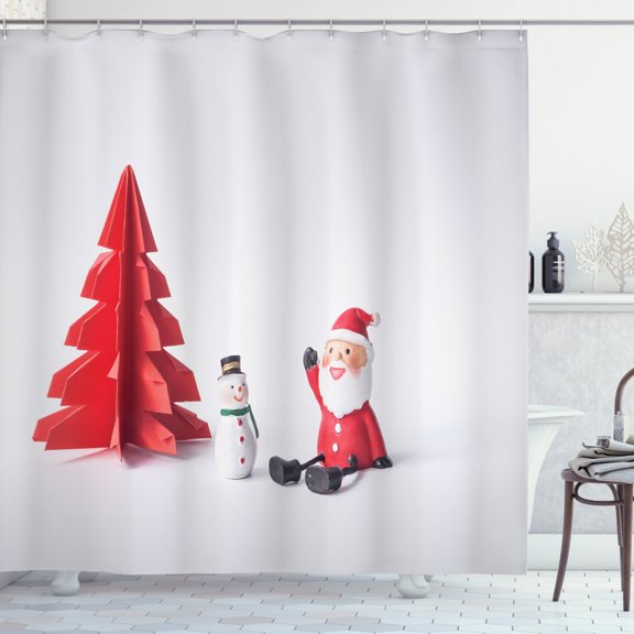 Ambesonne Snowman Shower Curtain, Paper Cut Santa and Tree, 69"Wx70"L, Pale Grey and Dark Pink