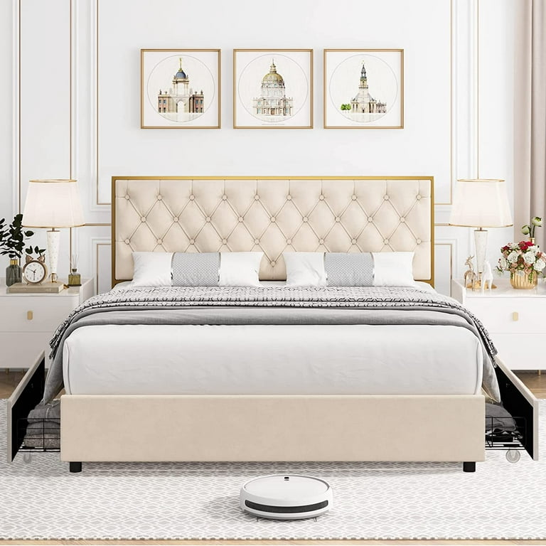 HIFIT Queen Size Bed Frame, Queen Bed Frame with Headboard, Heavy Duty  Metal Foundation, Upholstered Bed Frame with Velvet Tufted Headboard, Wood  Slat