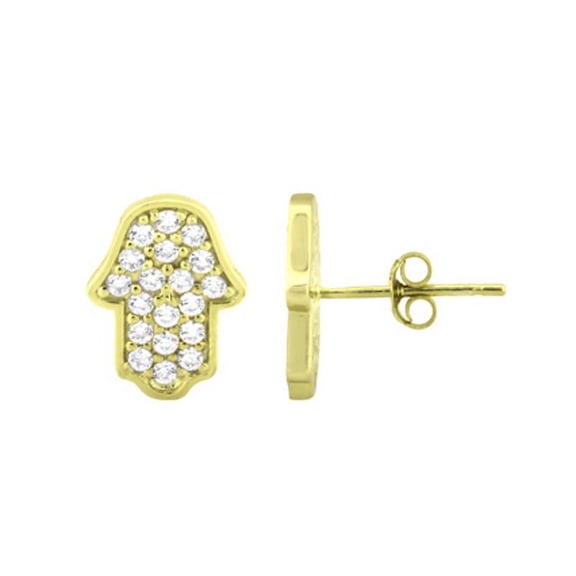 GOLD PLATED OVER STERLING SILVER CZ HAMSA STUD EARRINGS