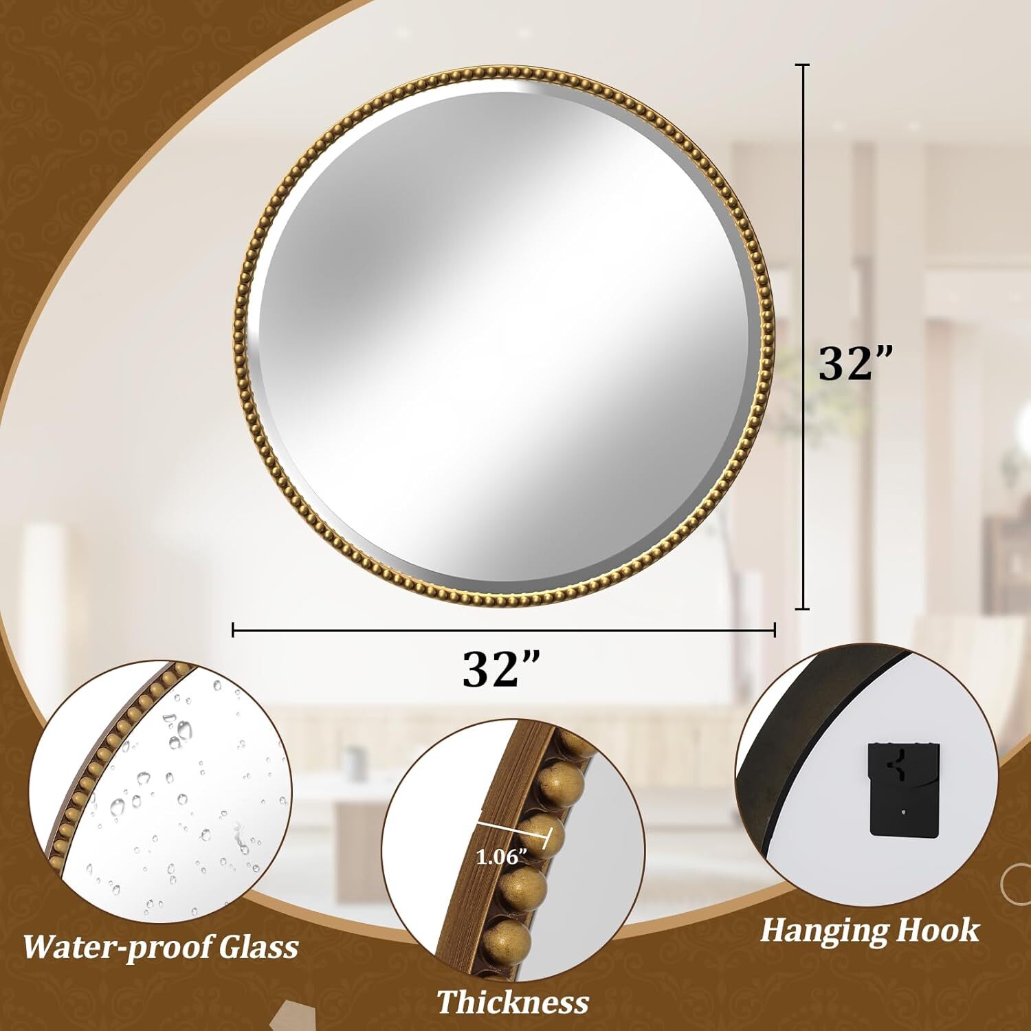 Mirrasia 32" Round Wall Mirror Decoration Hanging Mirror With Beaded Frame,Gold