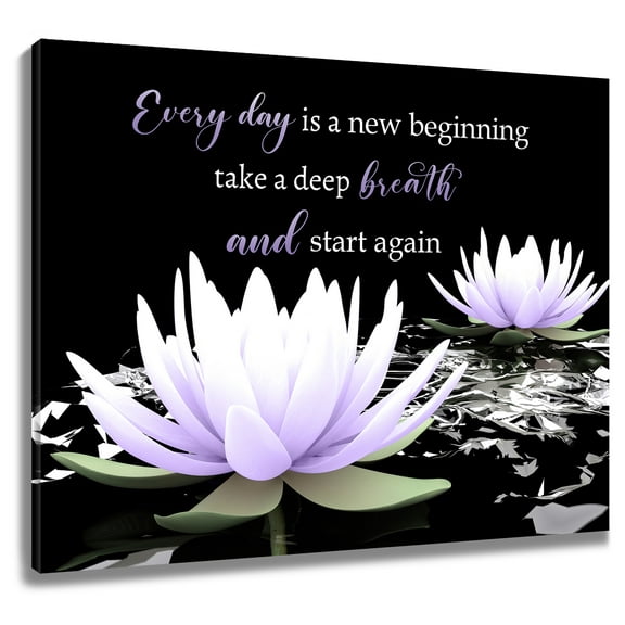 HVEST Zen Floral Wall Art Inspirational Quotes with Water Lily Canvas Wall Art Yoga Spa Purple Black Framed Wall Decor for Living Room Bathroom Bedroom Home, 16 X 12 inches