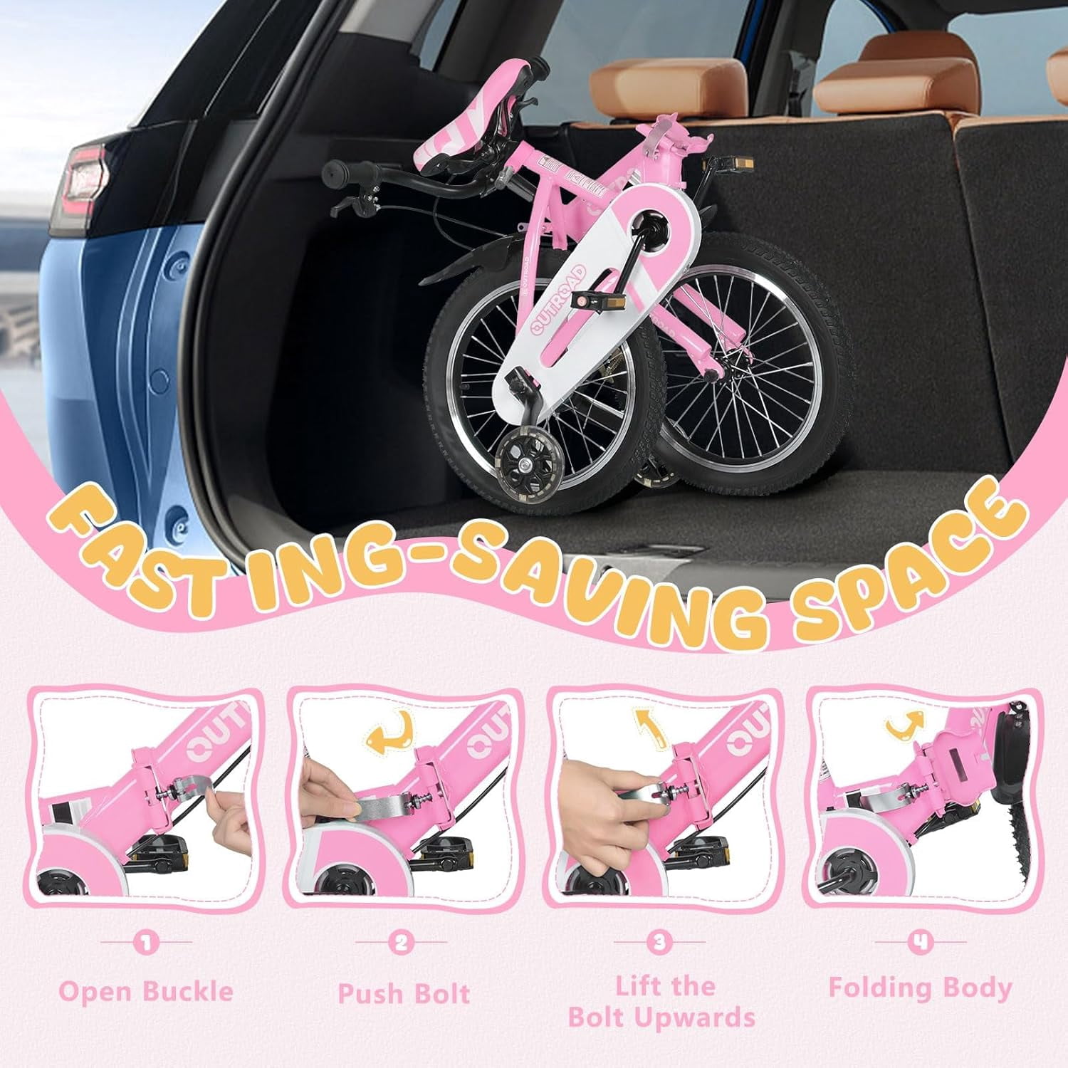 Marknig 14" 16" 18" Folding Kids Bike with Removable Training Wheels, Children's Bicycle for Boys & Girls Ages 3-9 Years, Easy-Storage Toddler Bike
